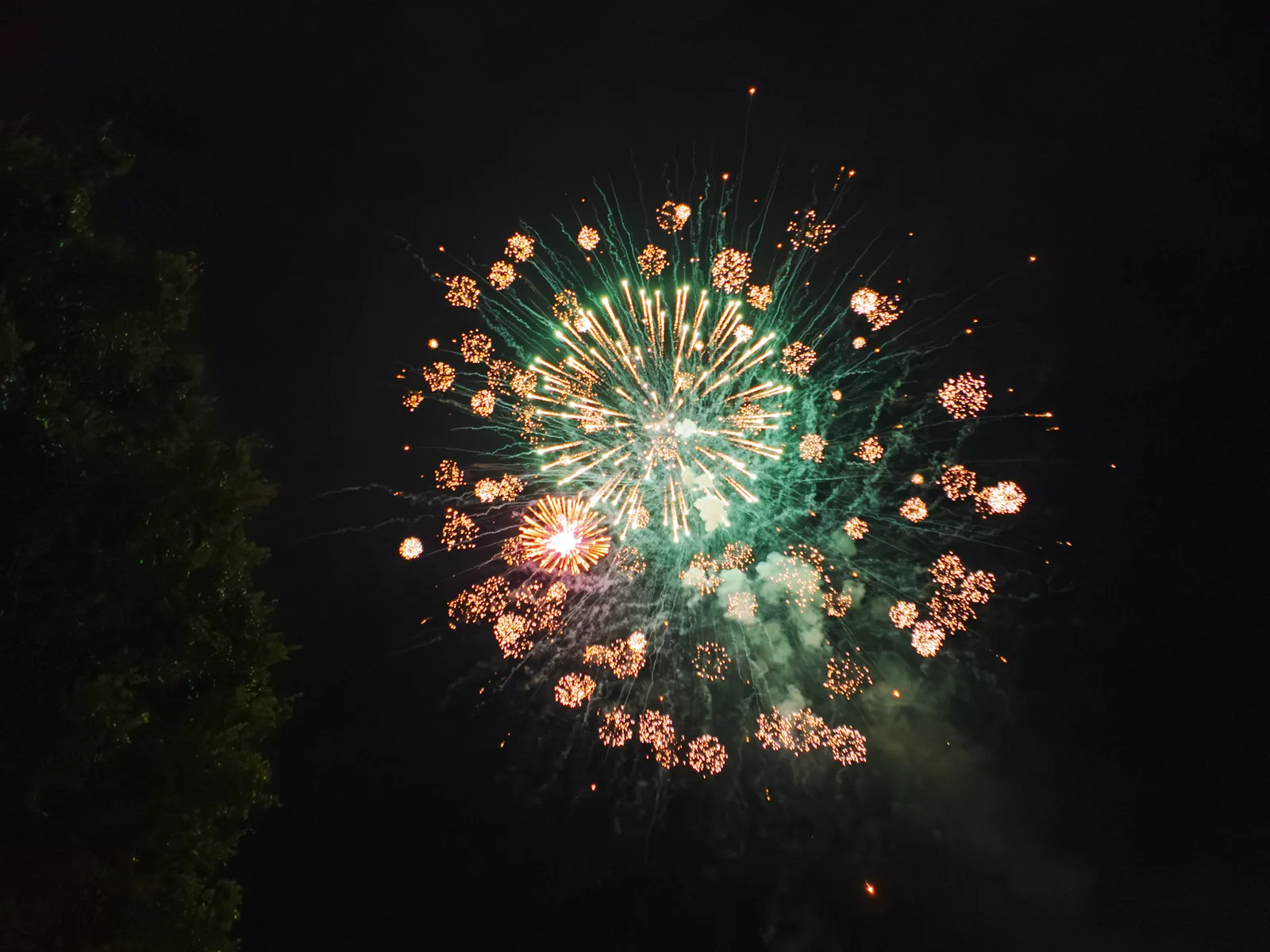 A bright green firework burst in the night sky